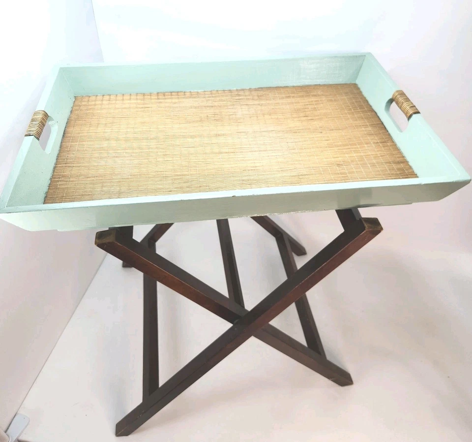 VTG Butler's Tray Table Rattan Top Real Wood Legs Sage Green Serving Tea Table - Image 3 of 4