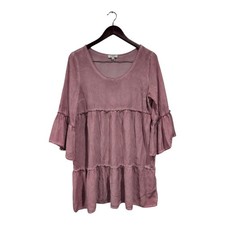 UMGEE Women's Washed Babydoll Ruffle Dress Pink Bell Sleeves Mini Boho Sz Small