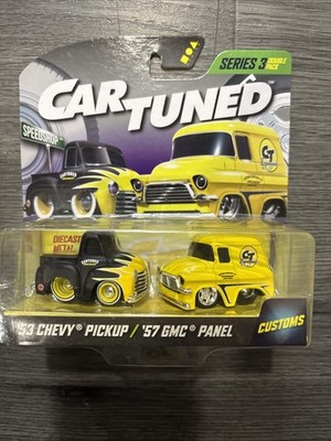 CARTUNED Series 3 '53 Chevy Pickup & '57 GMC Panel Diecast Black Yellow Customs