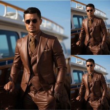 3Pcs Khaki Leather Men's Suits Peak Lapel Fashion Tuxedos Wedding Groom Blazer
