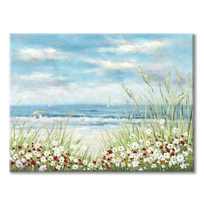 Beach Scene Canvas Wall Art: Seaside White Wildflower & Blue Ocean