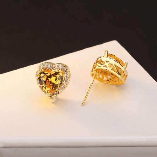 New 8mm Love Heart Shape Yellow Citrine Gems Women Girl Charm Stud Earring Gold - Picture 4 of 6