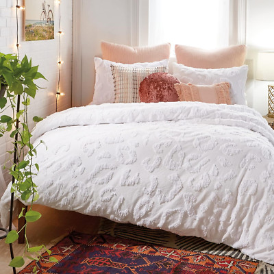 Chenille Leopard 100% Cotton 3-Piece Duvet Cover & Sham Set, King, White Chenill