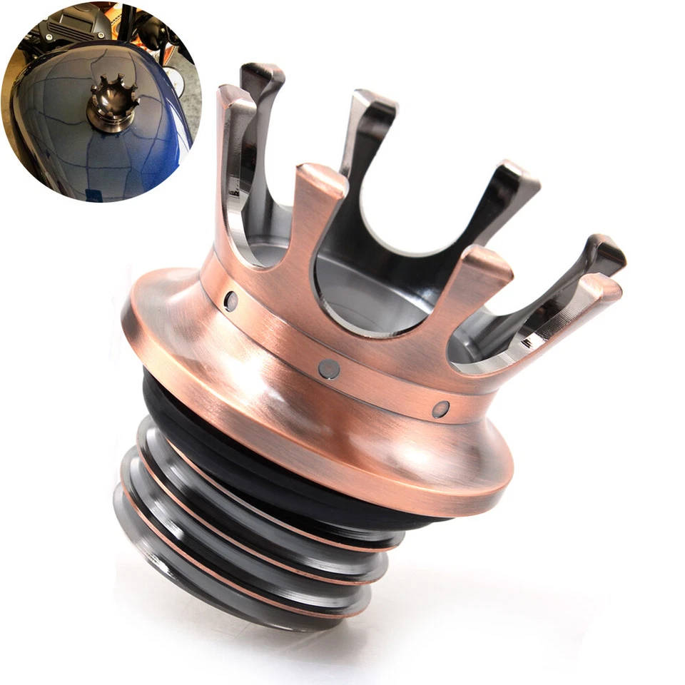 Tapa de tanque de combustible estilo King Crown de cobre para Harley Road King Sportster 883 Dyna Foto 2 de 4