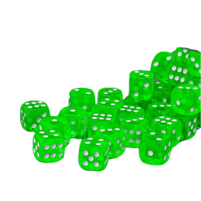12MM (36 count) TRANSLUCENT GREEN with WHITE PIPS D6 DICE Set Brand New ND-3340