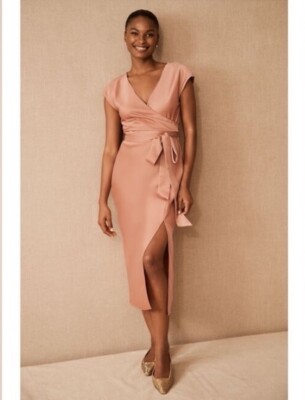 BHLDN Dress size 2 Satin Midi Wrap Dusty Rose Pink | eBay