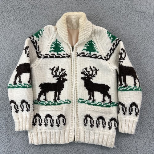 Vintage Cowichan Adult Medium Handknit Wool Zip 60s Cardigan Jacket Deer Outdoor