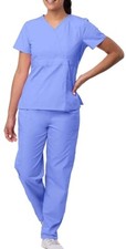 Sivvan Unisex Scrub Set Multi Pocket Cargo Pant Mock Wrap Top Size 2XL Ceil Blue
