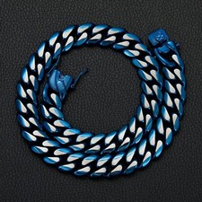14mm Blue Hip Hop Solid Stainless Steel Cuban Chain Necklace Bracelet Jewelry