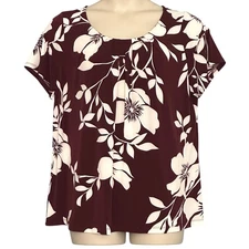 Liz Claiborne Womans Top Plus 1X Burgundy Floral Pleated Loose Fit Casual Beachy
