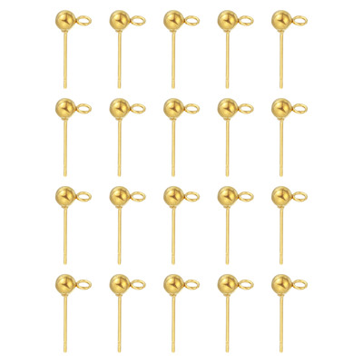 20Pcs Ball Post Stud Earrings, 16x4mm Round Ear Pin with Horizontal Loop, Gold