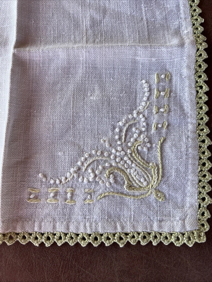 Pañuelo de lino bordado borde de ganchillo de colección sin usar, crudo natural muy suave Foto 2 de 4