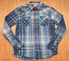 Levi Strauss Shirt Men  s Medium Button Up Pearl Snap Blue Plaid Western