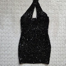Fashion Nova Black Sequin Halter Neck Bodycon Mini Dress Zip Back M