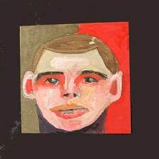 Original Handsome Man Portrait Painting Naive Square Olive Green Expressive Art