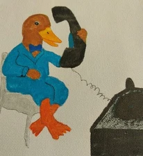 Duck On Retro Phone Whimsical Animals IMPRESSIONISM ORIGINAL Painting  6.5x7 In