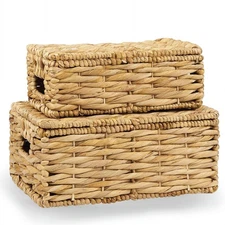 Set of 2 Wicker Baskets with Lid - Decorative Storage Boxes for Home Decor, S...