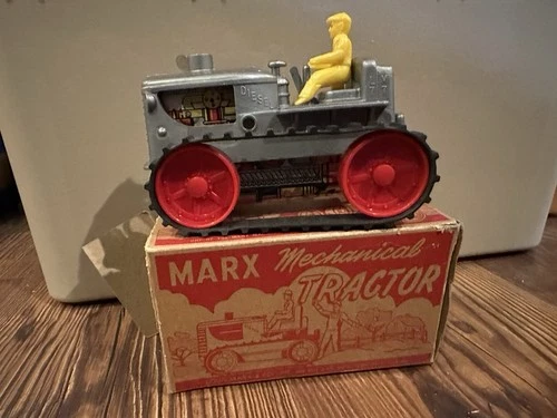 VINTAGE MARX WIND UP TOY 1312 MECHANICAL DIESEL TRACTOR W/ DRIVER W/ BOX WORKS