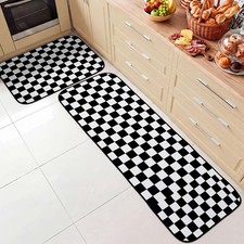 Black and White Checkered Kitchen Rug 2 Pcs, Non Slip Kitchen Rugs Set Waterp...