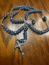 Vintage Faceted Blue Aurora Crystal Bead & Cord Catholic Rosary 20” Long