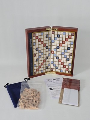 Travel Scrabble Deluxe Wooden Edition Foldable 10 x9.5 x1.15  Opened Complete