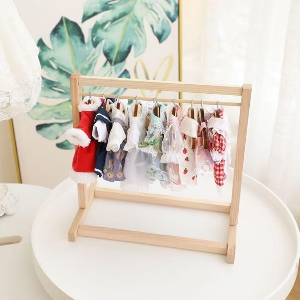 Mini Wooden Clothes Rack for LUFUFU - Cute Display Stand for Doll Outfits