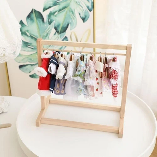 Doll Garment Rack for 17cm Doll Miniature Wood Clothes Rack with 6 Mini Hangers - Picture 6 of 8