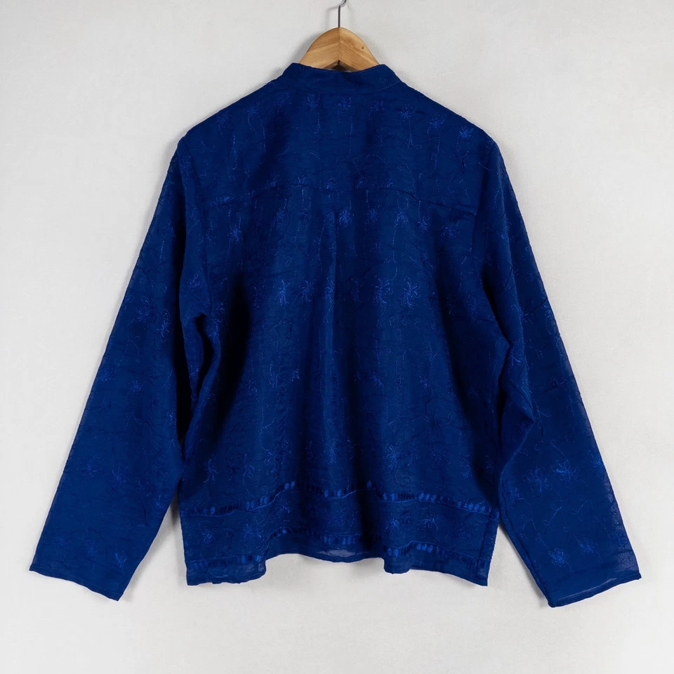 Camisa Blusa Coldwater Creek Talla Grande Azul Abotonada Floral Bordada Transparente Foto 3 de 4