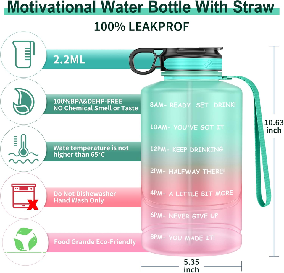 Borraccia Motivazionale Da 1 Gallone Con Cannuccia E Manico - Tritan Senza BPA Per Palestra, Campeggio E Sport - Colore Arancione/Verde - 3