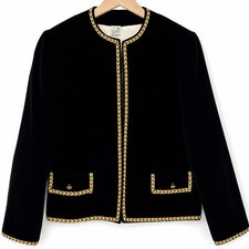 Vintage Black Velvet Open Blazer Metallic Gold Braided Embroidery Jacket