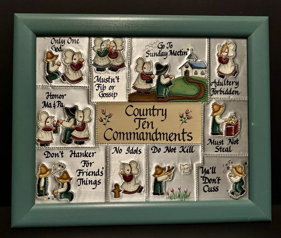 1991 Amish-Themed Punched Tin Country Ten Commandments Framed Religious Folk Art - Image 2 of 4