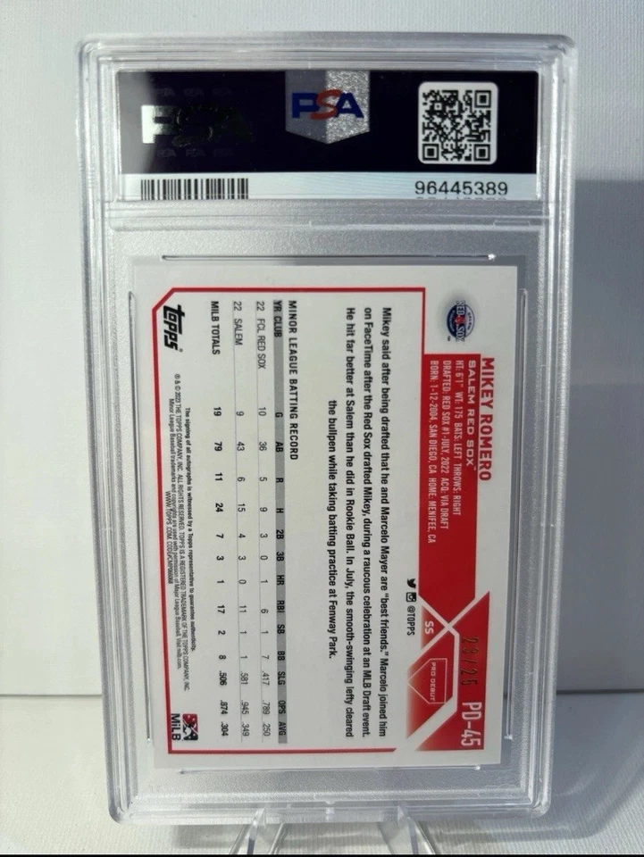 2023 Topps Pro Debut Orange Foil #23/25 MIKEY ROMERO AUTO R.C. PSA 9 PD-45 - Image 2 of 2