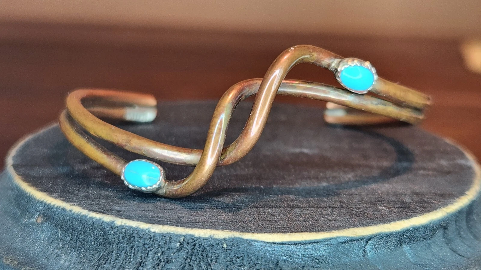 Artisan Native Navajo Copper and Turquoise Wave Bracelet by Yolanda Skeets