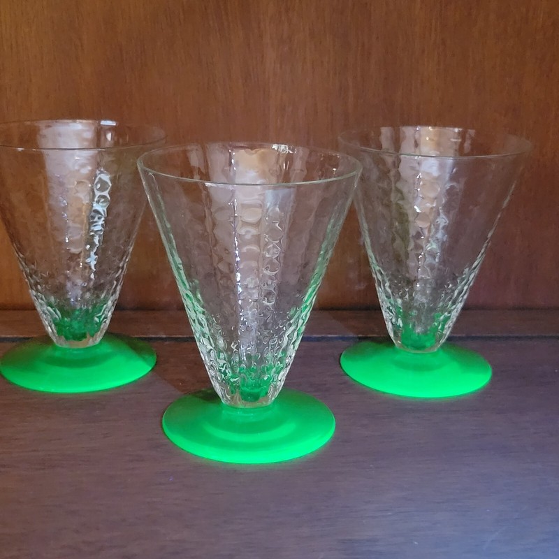 BRYCE BROTHERS GLASS, THREE (3) BLOCK-OPTIC, 4 oz. GOBLETS, UV REACTIVE
