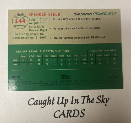 2023 Topps Chrome Platinum Spencer Steer RC Green Toile Refractor #31/99 Reds - Picture 2 of 2