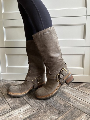 PRADA BIKER Cowboy Damen Leder Wildleder Stiefel Größe 36 BRAUN - Bild 8 von 20
