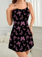 NEW Women's Size 14 3D Pink Butterfly Print on Black Sleeveless Nightgown  
