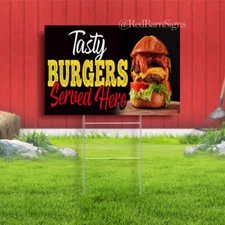 TASTY BURGERS SERVED HERE Indoor Outdoor Yard sign with metal stakes