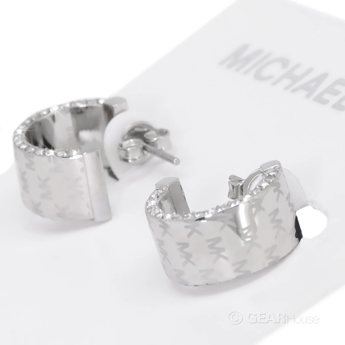 MICHAEL KORS Womens Chunky C Hoop Earrings MK Logo Crystals Pave Glitz Silver