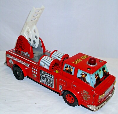 LADDER FIRE TRUCK TIN BATTERY TOY S.H. JAPAN BUMP & GO | eBay