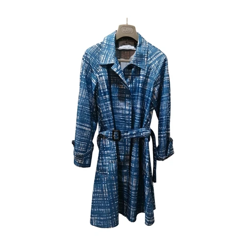 PRADA Belted Long Coat Size 38 Checked Blue Polyester Womens Used - Picture 1 of 8