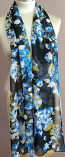 Vintage Scarf Floral Chiffon Black Blue Gold 71x17" Sheer Lightweight Boho 80s