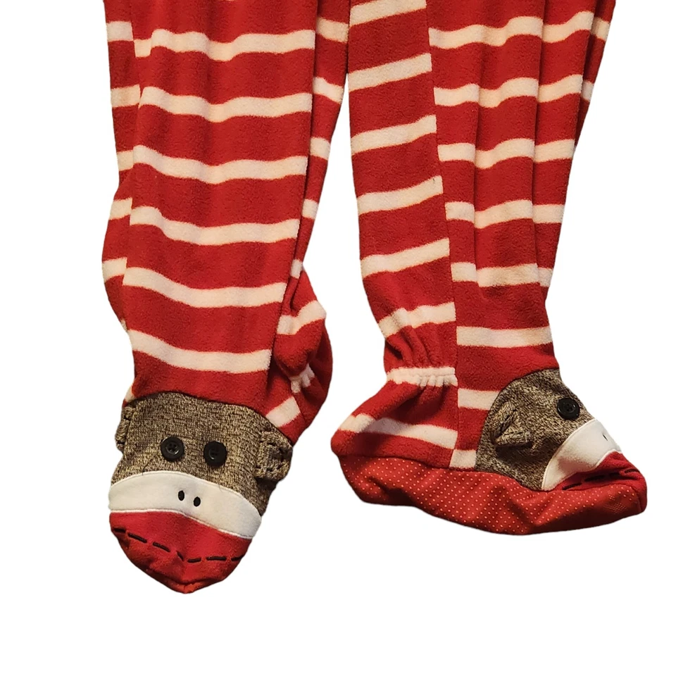 Nick & Nora XL носок обезьяна взрослых Footie пижамы красный и белый полоски флис - Изображение 3 из 4