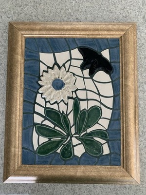 Sharon Baisley Mixed Media Mosaic Framed Tile Art Hand Painted Floral Butterfly