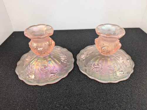 Vintage FENTON Iridescent Pink Roses Candlestick Candle Holders set of two