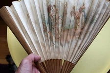 Vintage Victorian Style Wood  Cloth Folding Hand Fan Renaissance Courting Scene