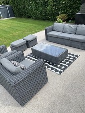 Grey Rattan/Wicker Sofa Set w/ Armrests, Cushions, 2 Footstools & Glass Table