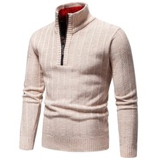 Quarter Zip Sweater Men's Pullover Sweaters Knit Long Sleeve Large Beige