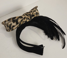 Two Vintage Headband Hats Leopard Feathers Black Fascinator