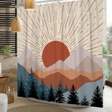 Abstract Mid Century Shower Curtain Boho Sunset Geometric Mountain Forest Aesthe
